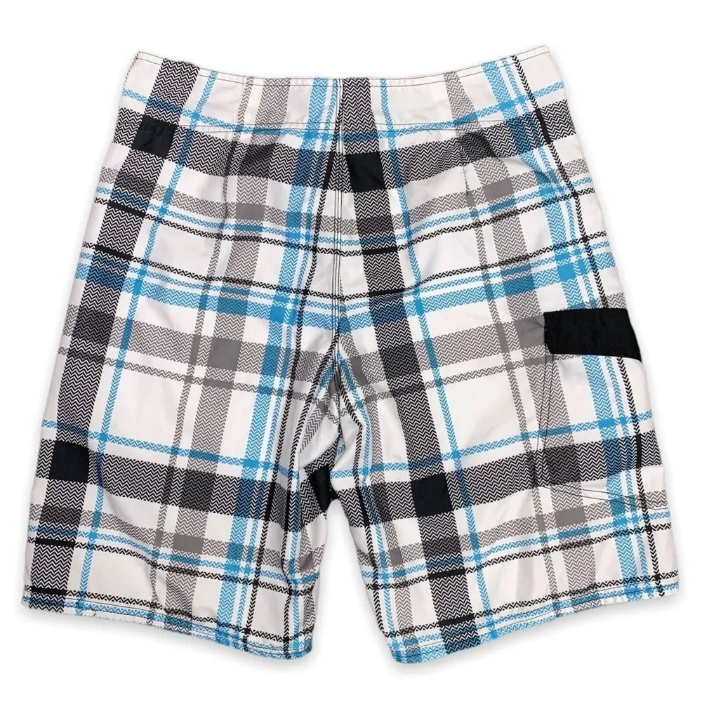 Merona Mens Plaid Board Shorts Swim Trunks Black White Blue Size 32